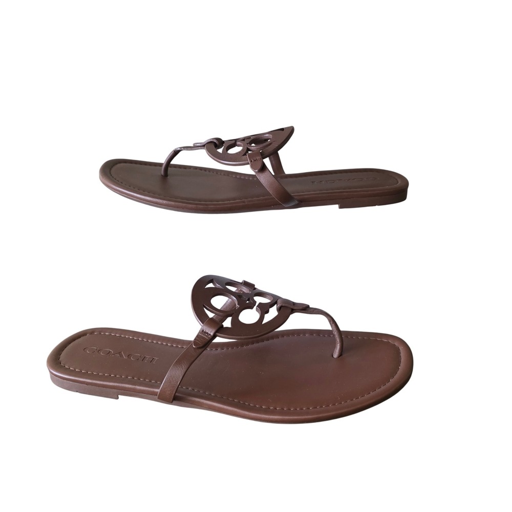 Coach Jaci Womens Brown Leather Logo Medallion Thong Flat Sandals Size 7.5 - Picture 4 of 6